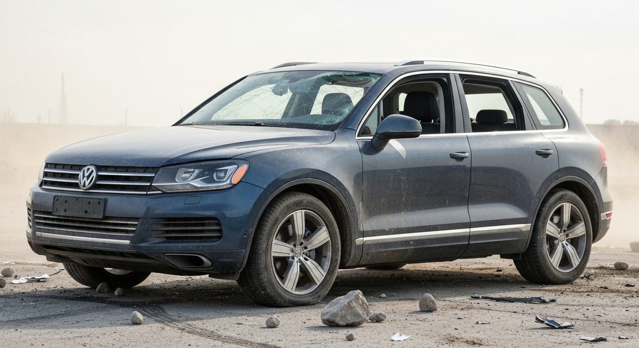 VW Touareg przetrwał atak rakietowy. Mimo zniszczeń wciąż jeździ
